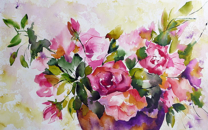 Akwarela malarstwo kwiaty, różowe i zielone kwiaty malarstwo, akwarela, malarstwo, kwiaty, Tapety HD