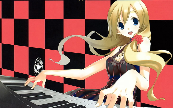 светловолосый женский аниме персонаж иллюстрация, к-на, девушка, блондинка, пианино, роза, сладкий, HD обои
