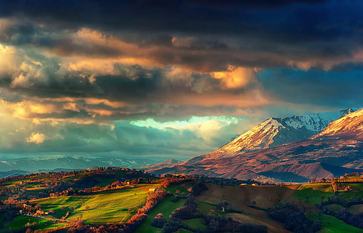 the sky, mountains, field, home, spring, valley, Italy, March, the mountain range Monti Sibillini, storm clouds, Apennines, HD wallpaper