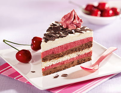 bolo de chocolate, baunilha e morango, comida, bolo, creme, sobremesa, cereja, doce, cerejas, HD papel de parede HD wallpaper
