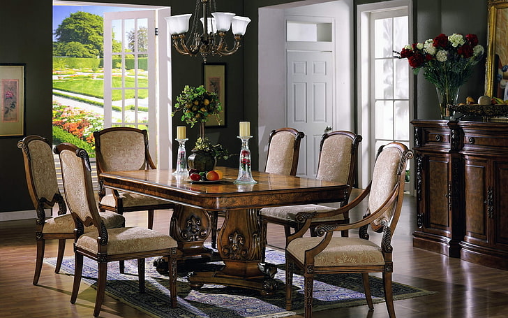 mesa retangular de madeira marrom conjunto de jantar de 7 peças, sala de estar, sala de jantar, cadeiras, mesa, sala, design, HD papel de parede