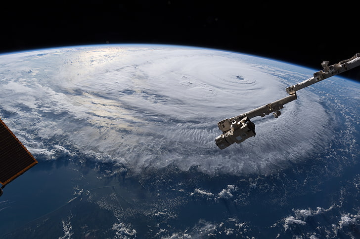 satellite view of weather forecast, hurricane, Earth, clouds, spiral, cyclone, photography, Alexander Gerst, NASA, snow, science, space station, nature, storm, bird's eye view, landscape, satellite, ISS, planet, sea, Typhoon, sunlight, atmosphere, HD wallpaper