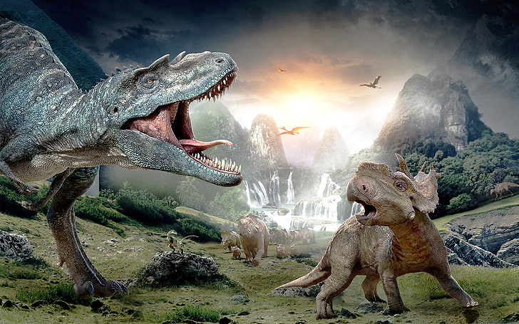 коричневые динозавры цифровые обои, горы, скалы, водопад, динозавр, хищник, долина, беби, папоротники, тираннозавр, T-Rex, Tyrannosaurus Rex, протоцератопс, пятна, травоядные, T. Rex, прогулка с динозаврами, птеродактилями, цератопсией, HD обои