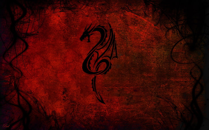 logo czarnego smoka, smok, wzór, czerwony, czarny, Tapety HD