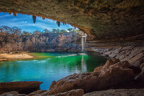 cueva, lago, paisaje, naturaleza, cascada, Fondo de pantalla HD HD wallpaper