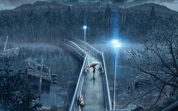 bridge during rain wall paper, original characters, landscape, trees, rain, umbrella, HD wallpaper