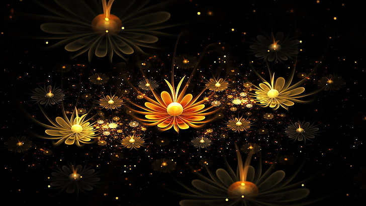 fundo de flores amarelas e laranja, fractal, flores fractal, resumo, HD papel de parede