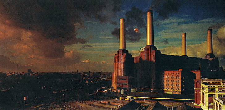коричневое высотное здание, Pink Floyd, животные, Лондон, свиньи, обложки альбомов, Battersea, HD обои