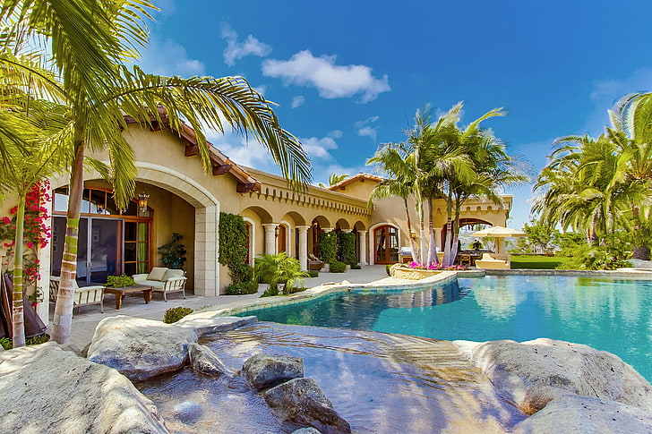 дом окрашен в бежевый цвет, дом, вилла, бассейн, дом, пальма., HD обои