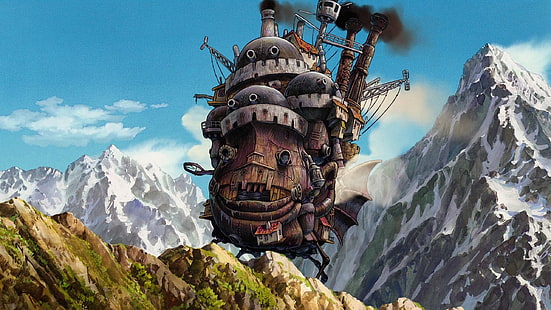 коричневая иллюстрация летающего корабля, аниме, движущийся замок Howl's, студия Ghibli, HD обои HD wallpaper