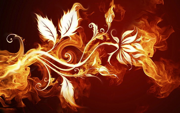 flammende Blättertapete, flammende Blütentapete, Feuer, Blätter, Blumen, Grafik, HD-Hintergrundbild