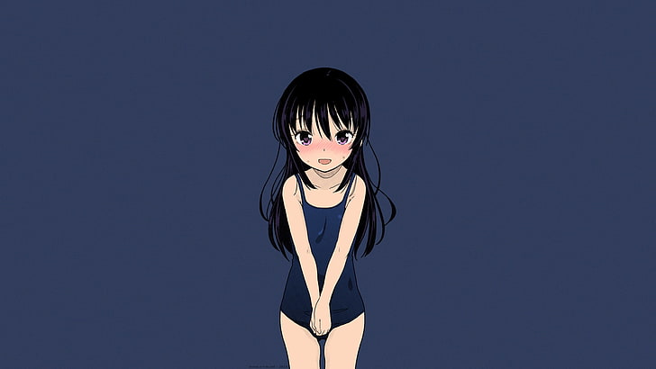 timide, yeux violets, maillot de bain une pièce, rougir, loli, maillot de bain bleu, anime, cheveux noirs, cheveux longs, Fuyuno Mikan, manga, filles de l'anime, Fond d'écran HD