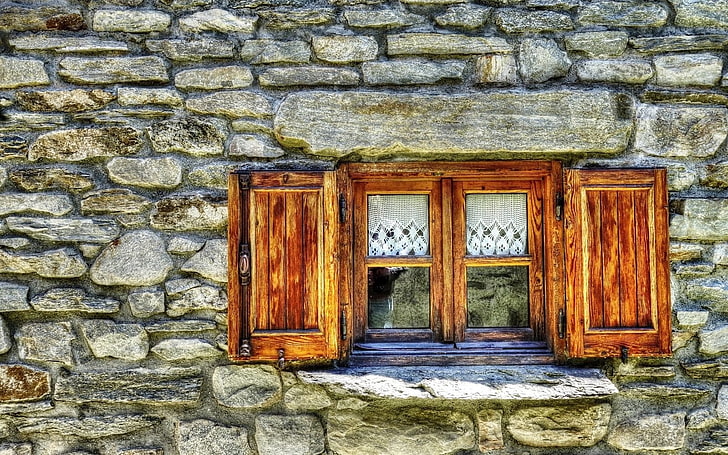 Окна, жалюзи, камни, дома, деревянные, HD обои