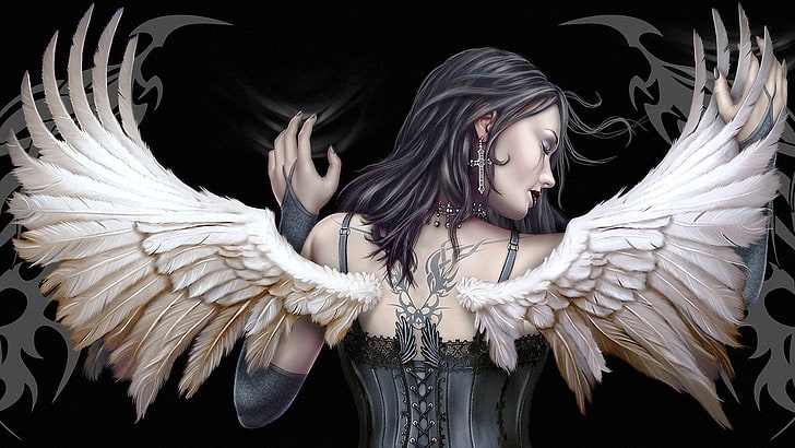женская черно-белая рубашка с длинными рукавами, крылья, HD обои
