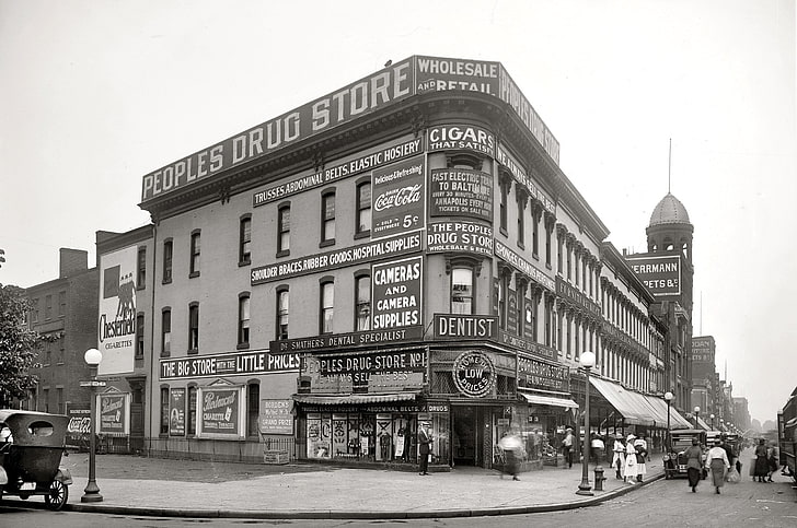 bâtiment en béton noir et blanc, vintage, monochrome, paysage urbain, New York City, rue, vieux bâtiment, Fond d'écran HD