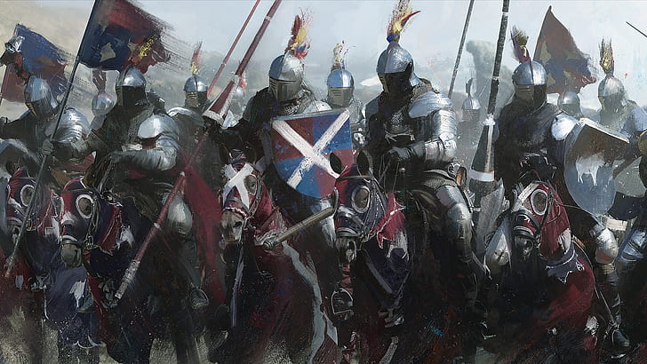 средновековни рицари, кавалерия, коне, копие, живопис, произведения на изкуството, фентъзи, HD тапет