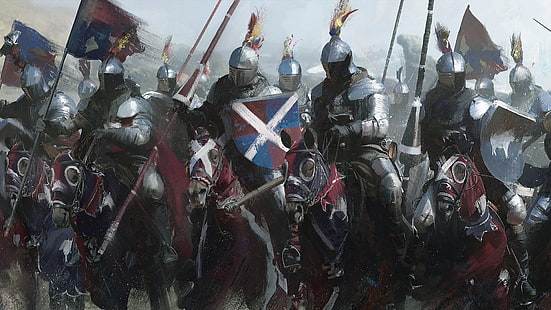 medieval knights, cavalry, horses, spear, painting, artwork, Fantasy, HD wallpaper HD wallpaper