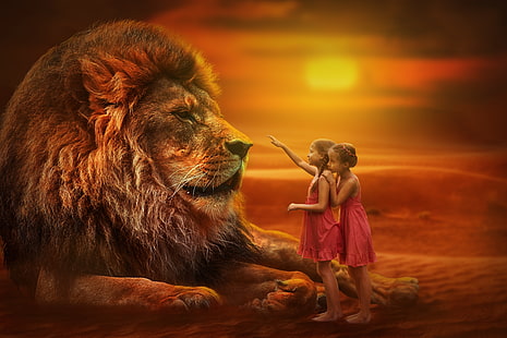Fotografi, manipulation, barn, flicka, lejon, liten flicka, HD tapet HD wallpaper