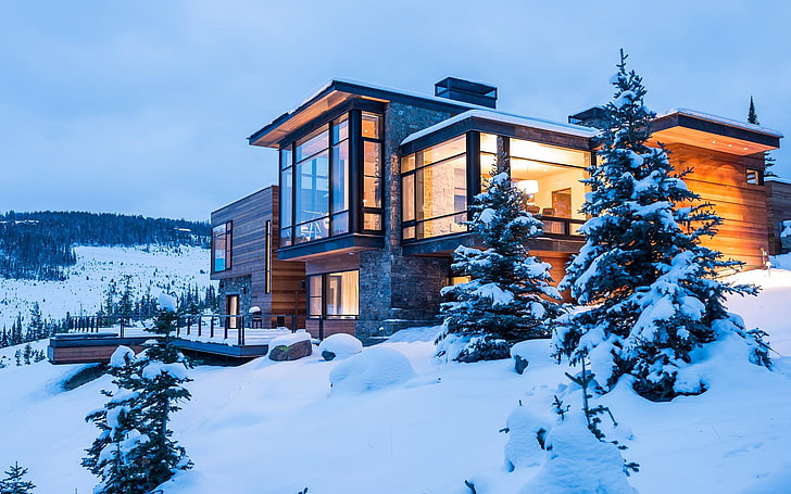 casa de madeira marrom, casa, moderna, inverno, neve, árvores, construção, arquitetura, ciano, noite, HD papel de parede