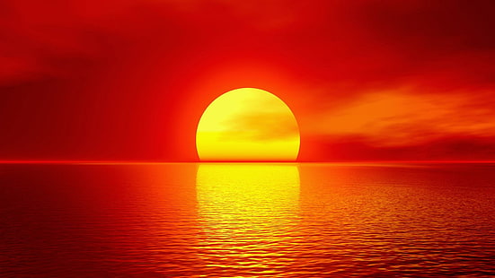 Grande boule de soleil, coucher de soleil sur la photographie du bord de mer, boule, grande, réflexion, orange, jaune, lac, nature, coucher de soleil, lumière du jour, nuages, Fond d'écran HD HD wallpaper
