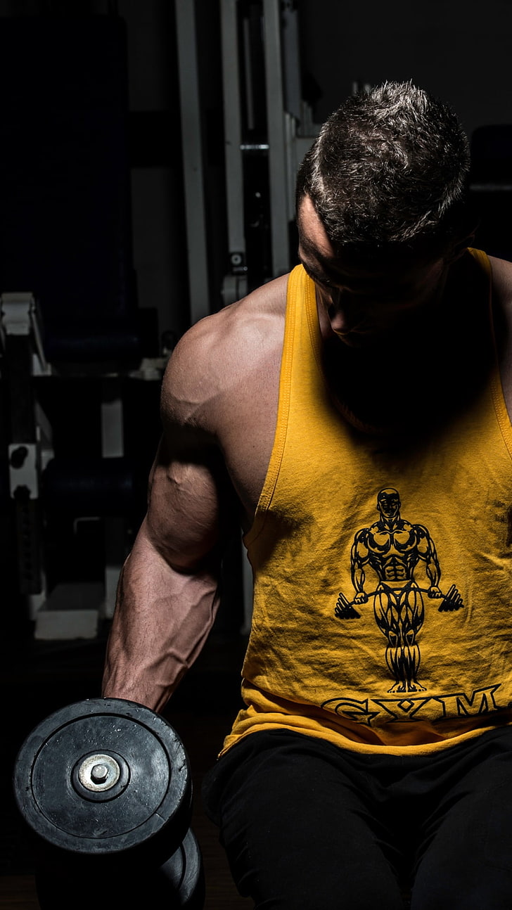 Músculos do Bodybuilder, camisola de alças amarela dos homens, esportes, bodybuilder, HD papel de parede, papel de parede de celular