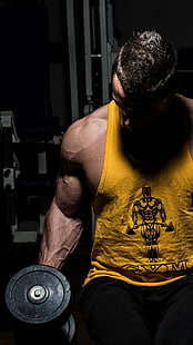 Bodybuilder Muscles, men's yellow tank top, Sports, , bodybuilder, HD wallpaper HD wallpaper