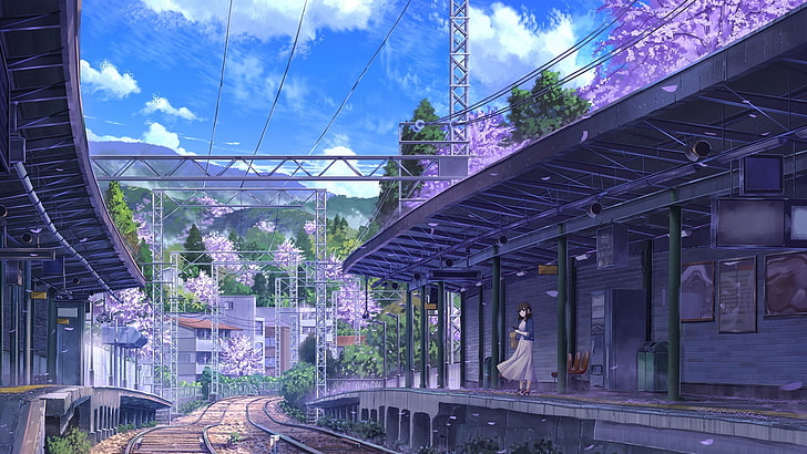 traccia, anime art, anime girl, stazione ferroviaria, Sfondo HD