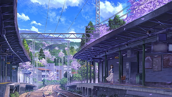 track, anime art, anime girl, train station, HD wallpaper HD wallpaper