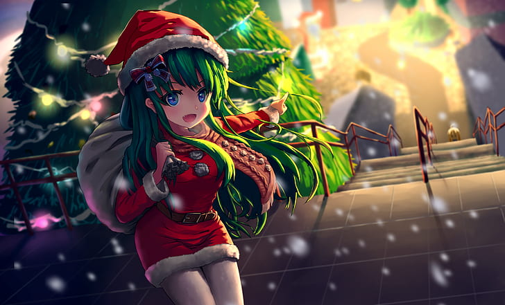 Boże Narodzenie, kostium Mikołaja, czapki Mikołaja, zielone włosy, rajstopy, ozdoba do włosów, choinka, anime, Tapety HD