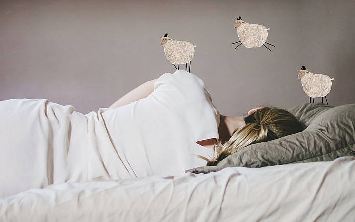 sleeping, sheep, women, in bed, HD wallpaper