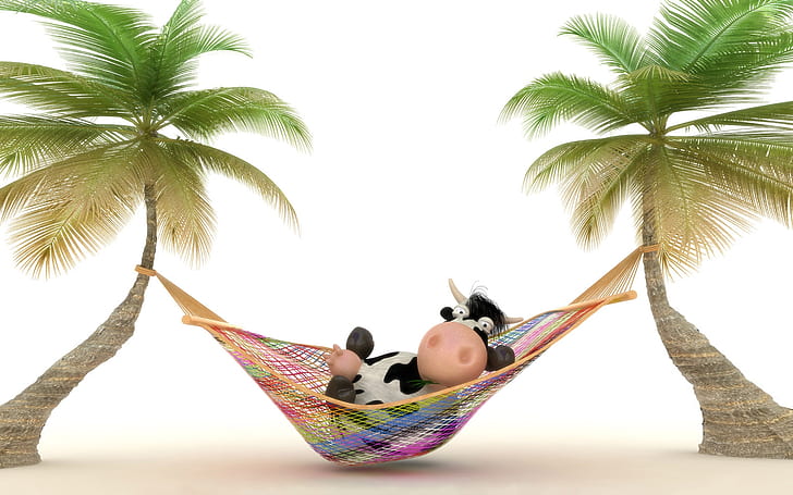 Cow relaxing in Hammock, funny, background, HD wallpaper