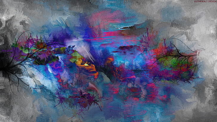 lukisan abstrak biru dan merah muda, lukisan, abstrak, warna-warni, karya seni, Wallpaper HD