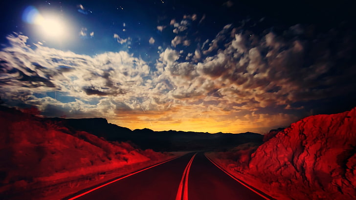 ilustrasi jejak gunung, jalan, langit, seni digital, sinar matahari, Wallpaper HD