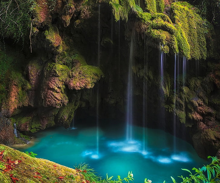 waterfalls wallpaper, waterfall, moss, grass, nature, green, turquoise, landscape, HD wallpaper