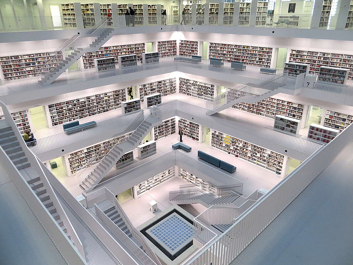 architecture, books, bookshelves, building, learning, library, stairs, study, HD wallpaper