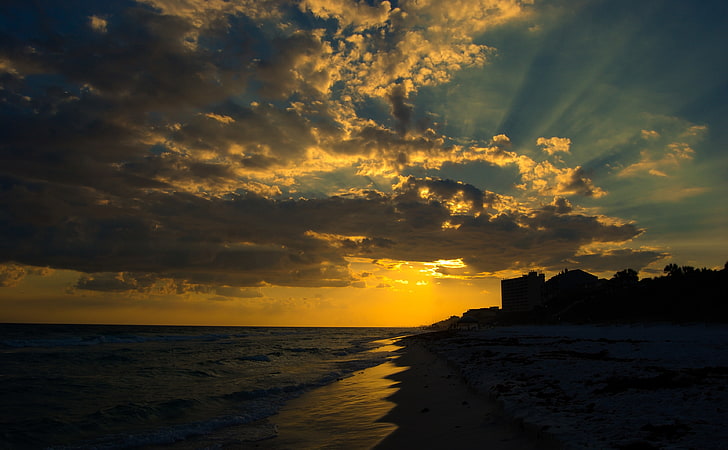 Pôr do sol no Seagrove, raios anti-crepusculares, Estados Unidos, Flórida, Praia, Luz do sol, Nuvens, raios de sol, Seagrove, HD papel de parede