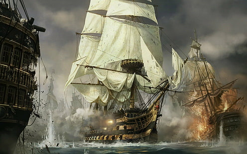 arte, barcos, guerra, pintura, Fondo de pantalla HD HD wallpaper