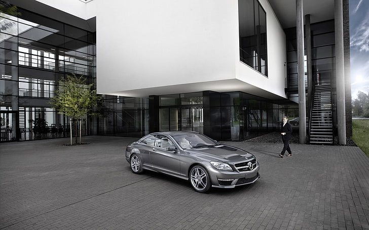 sedán gris de Mercedes-Benz, el edificio, plata, área de juegos, Mercedes-Benz CL63 AMG 2011, Fondo de pantalla HD