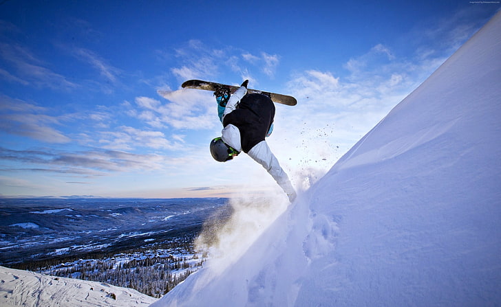 niebo, śnieg, snowboard, 4K, zima, Tapety HD