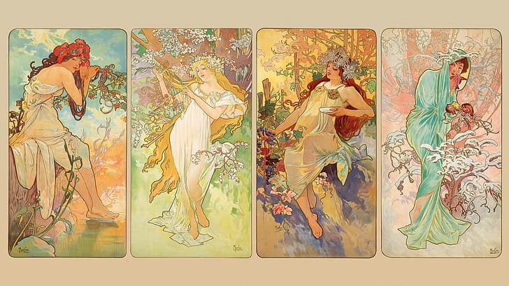 Alphonse Mucha, Art Nouveau, ilustração, arte tradicional, HD papel de parede