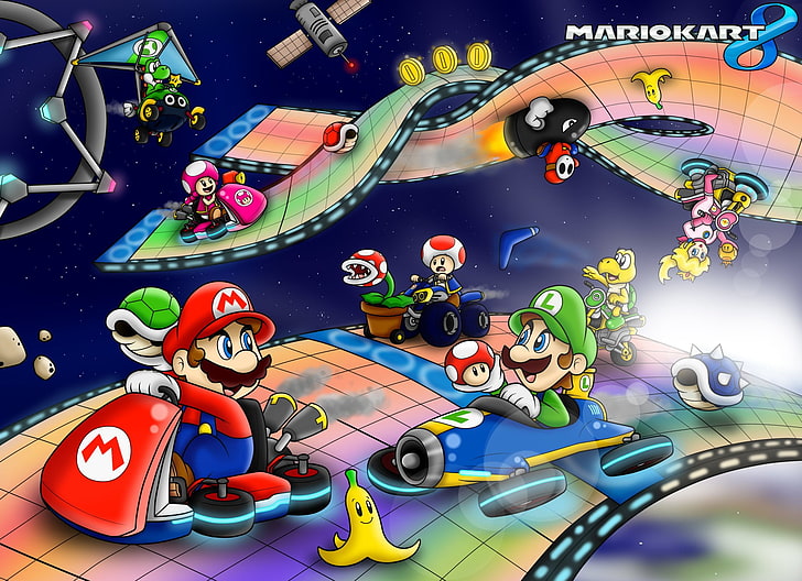 Mario, Mario Kart 8, Bullet Bill, Koopa Troopa, Luigi, Piranha Plant, Princess Peach, Shy Guy, Toad (Mario), Toadette (Mario), Yoshi, Sfondo HD