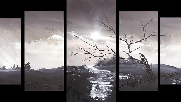 czarne nagie drzewo w pobliżu strumienia 5-panelowe malarstwo, grafika koncepcyjna, Tapety HD