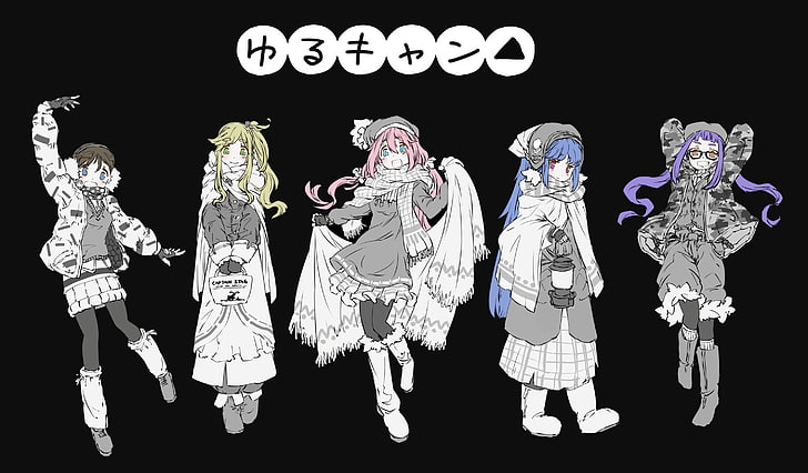 anime, Yuru Camp, svart bakgrund, selektiv färgning, Rin Shima, Nadeshiko Kagamihara, Aoi Inuyama, Chiaki Oogaki, HD tapet
