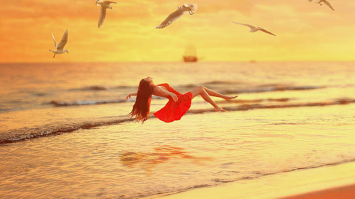 sunset, beach, sea, girl, levitation, red dress, seagull, birds, sunset, beach, sea, girl, levitation, red dress, seagull, birds, HD wallpaper