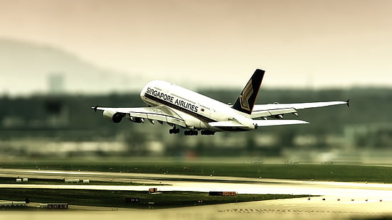 Singapore Airlines airplane, white airplane flying, airplane, tilt shift, passenger aircraft, A380, Airbus, aircraft, vehicle, Singapore, photo manipulation, HD wallpaper HD wallpaper