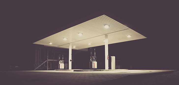 white an black gasoline station, urban, gas stations, HD wallpaper