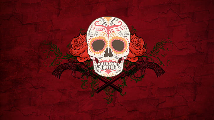 mawar, karya seni, tengkorak, Dia de los Muertos, bunga, Wallpaper HD