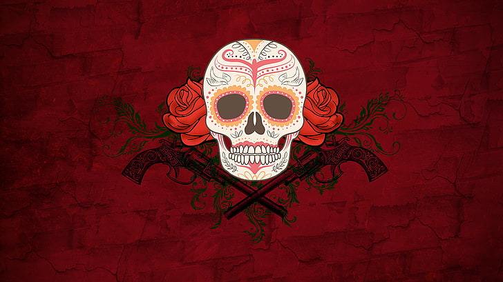crânio de açúcar branco e multicolorido, crânio, Dia de los Muertos, flores, rosa, obra de arte, HD papel de parede