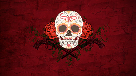 calavera de azúcar blanco y multicolor, calavera, Dia de los Muertos, flores, rosa, ilustraciones, Fondo de pantalla HD HD wallpaper