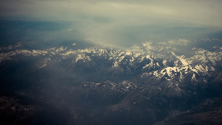 птичи поглед на планина, планини, сняг, природа, мъгла, пейзаж, въздушен изглед, HD тапет